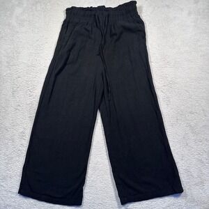 Anrabess Wide Leg Linen Blend Crop Pants Women Small High Waist Drawstring Black